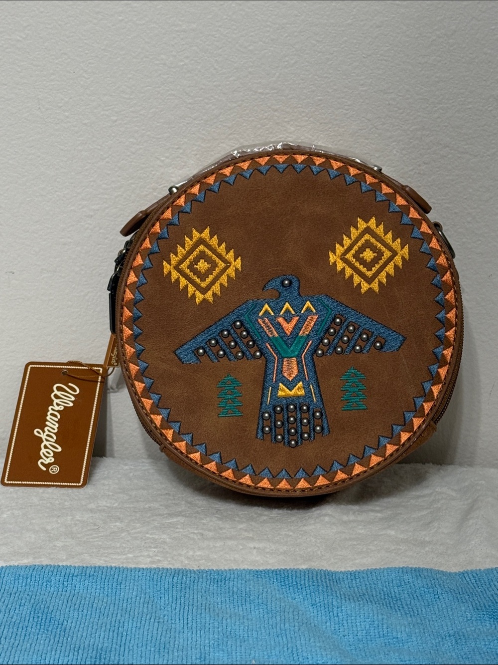 Wrangler Brown Suede Round Crossbody with Colorful Embroidered Thunderbird